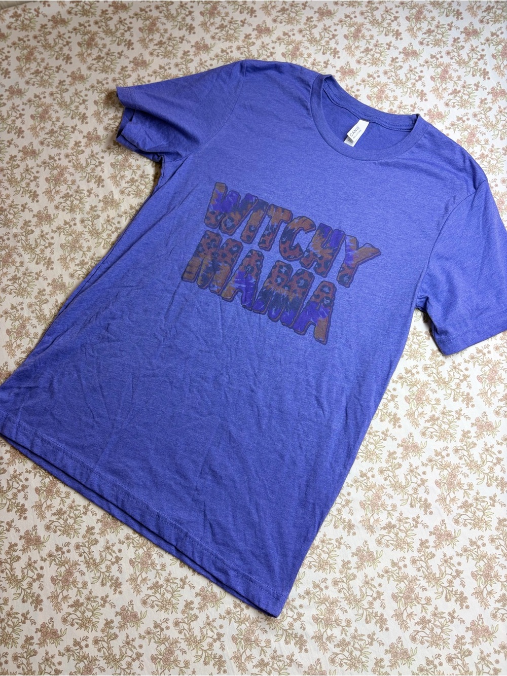 Blue-Purple Graphic Tee with 'Witchy Mama' Print